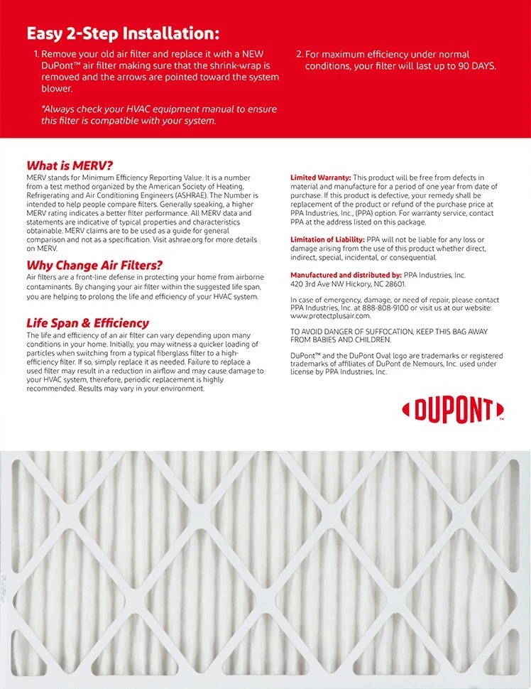 12.13x19.5x1 (Actual Size) DuPont™ Allergen Air Filter (MERV 11) 4 12.13x19.5x1 (Actual Size) DuPont™ Allergen Air Filter (MERV 11) - Image 2
