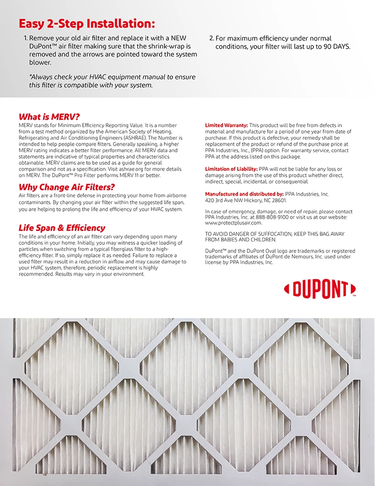 18x20x1 (Actual Size) DuPont™ Pro Air Filter (MERV 11) 4 18x20x1 (Actual Size) DuPont™ Pro Air Filter (MERV 11) - Image 2